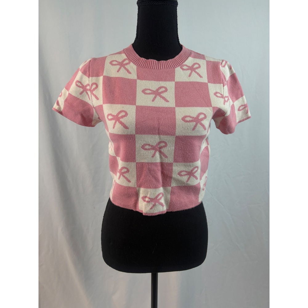 Cute Pink‎ Checkerboard Bow Crop Sweater Short Sleeve Knit Top